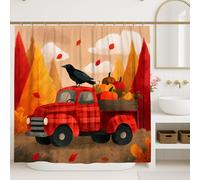 Tenda da doccia a forma di camion della fattoria, rustica rossa con zucche e corvo, decorazione per il bagno, decorazione per la casa scenica autunnale, tessuto impermeabile con ganci, 182 x 183 cm