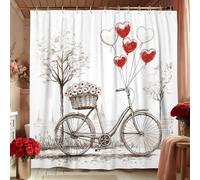 Tenda da doccia a forma di cuore con palloncini e biciclette vintage rosso e bianco, tenda da doccia decorativa per San Valentino, primavera ed estate, in tessuto romantico, con ganci