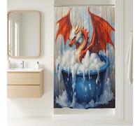 Tenda da doccia a forma di drago, rosso e bianco, decorazione per il bagno, moderna, giocosa per tutto l'anno, tenda da doccia in tessuto impermeabile con ganci, 91 x 183 cm