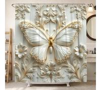 Tenda da doccia a forma di farfalla, elegante e classica con foglie di fiori N/A, in tessuto impermeabile, decorazione per bagno, camera degli ospiti, 183 x 198 cm