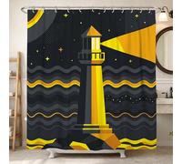 Tenda da doccia a forma di faro, stile nautico moderno, con onde e stelle, in tessuto impermeabile, colore giallo, decorazione per bagno e camera degli ospiti, 183 x 183 cm