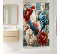 Tenda da doccia a forma di gallo, stile vintage, con motivo floreale blu e rosso, decorazione per il bagno, tenda da doccia in tessuto impermeabile con ganci, 91 x 183 cm