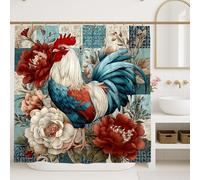 Tenda da doccia a forma di gallo, stile vintage, con motivo floreale blu e rosso, decorazione per il bagno, tenda da doccia in tessuto impermeabile con ganci, 183 x 183 cm