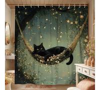 Tenda da doccia a forma di gatto, amaca floreale illuminata di luna, decorazione per il bagno per l'autunno, tenda da doccia in tessuto stile natura con ganci, 152 x 183 cm