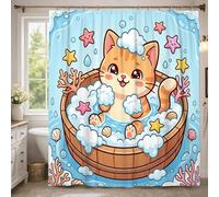 Tenda da doccia a forma di gatto, giocosa con bolle e stelle marine estive blu in tessuto impermeabile per vasca da bagno, decorazione per camera degli ospiti, 137 x 198 cm