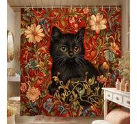 Tenda da doccia a forma di gatto, grazioso gattino nero con occhi verdi e arancioni, decorazione floreale per il bagno per autunno inverno, set di tende in tessuto impermeabile in stile moderno con