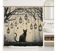 Tenda da doccia a forma di gatto, lanterna vintage con albero, decorazione per il bagno, tenda da doccia rustica impermeabile in tessuto impermeabile con ganci, 183 x 183 cm