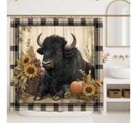 Tenda da doccia a forma di mucca nera, decorazione autunnale con girasoli e zucche, accessorio da bagno rustico per la stagione autunnale, tessuto resistente all'acqua con ganci, 182 x 183 cm