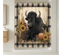Tenda da doccia a forma di mucca nera, decorazione autunnale con girasoli e zucche, accessorio da bagno rustico per la stagione autunnale, tessuto resistente all'acqua con ganci, 137 x 198 cm