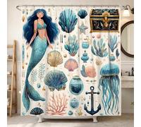 Tenda da doccia a forma di sirena, con conchiglie nautiche e stelle marine, estiva, in poliestere, impermeabile, design stampato, per bagno, vasca da bagno, appartamento, 183 x 213 cm
