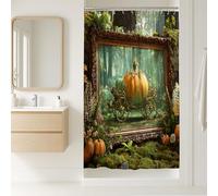 Tenda da doccia a forma di zucca, decorazione autunnale fantasy, set da bagno in stile vintage autunnale con ganci, tessuto impermeabile con arte naturale magica, 91 x 183 cm