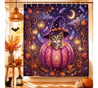 Tenda da doccia a forma di zucca, fantasiosa lanterna natalizia con gatto viola in tessuto impermeabile Clawfoot tenda da doccia decorazione per bagno dormitorio 162 x 183 cm
