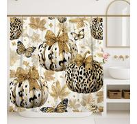 Tenda da doccia a forma di zucca, oro, nero, bianco, leopardo, foglia e farfalla, decorazione per il bagno, tenda da doccia moderna chic in tessuto impermeabile con ganci, 183 x 213 cm