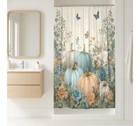 Tenda da doccia a forma di zucca, tenda da doccia in tessuto impermeabile con ganci, motivo floreale, colore blu e beige, per autunno e stagione, moderna, rustica, con ganci, 91 x 183 cm