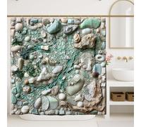 Tenda da doccia a mosaico costiero, verde schiuma di mare, pietra naturale, decorazione da bagno, stile spiaggia estiva, tenda da bagno in tessuto impermeabile con ganci, 152 x 183 cm