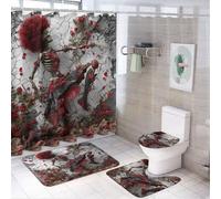 Tenda da doccia a parete con petali di rosa e capelli ricci, 4 pezzi, 72 x 72 cm, copriwater, tappetini antiscivolo e tappetino a U, set di decorazioni per il bagno in pietra mistica rossa con 12 gan
