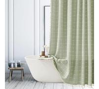 Tenda da doccia a righe verde salvia in tessuto di lino bohémien, tende da doccia per bagno, set di tende da bagno con nappa, tenda da doccia in tessuto bohémien, extra lunga, 183,9 x 213,4 cm