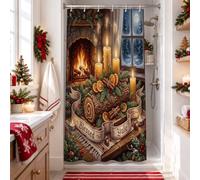 Tenda da doccia a tema caminetto Blessed Yule 91,4 x 182,9 cm | Scena rustica per camino, tema solstizio d'inverno, accenti di rami di pino, tavolozza di colori caldi