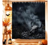 Tenda da doccia a tema gotico con teschio e nebbia, 152 x 183 cm | Nebbia atmosferica, luna crescente, paesaggio campo, estetica gotica, decorazione per il bagno Moody