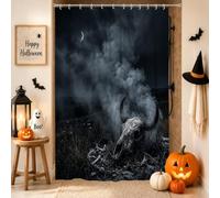 Tenda da doccia a tema gotico con teschio e nebbia, 91 x 183 cm | Nebbia atmosferica, luna crescente, paesaggio campo, estetica gotica, decorazione per il bagno Moody