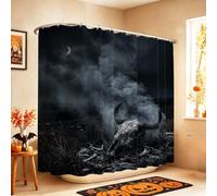 Tenda da doccia a tema gotico con teschio, per Halloween, 274 x 183 cm | Nebbia atmosferica, luna crescente, paesaggio campo, estetica gotica, decorazione per il bagno Moody