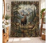 Tenda da doccia a tema montagna rustica con alci, 182,9 x 243,8 cm | Paesaggio rustico di montagna, motivo fauna selvatica del bosco, bordo delle corna della foresta, decorazione del bagno della