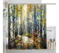 Tenda da doccia ad asciugatura rapida con albero di betulla, pittura a olio, arte astratta, foresta, bosco, natura, sole, verde, marrone, bianco, poliestere, impermeabile, lavabile, per bagno