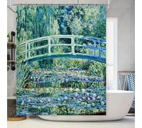Tenda da doccia artistica con giardino acquatico 200x230cm/Larghezza x Altezza Design di alta qualità con ponte blu per decorazioni da bagno, lavabile, ad asciugatura rapida