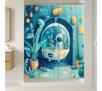 Tenda da doccia astronauta con pianeta blu cosmico, set da bagno moderno e vibrante per bambini, tessuto impermeabile con ganci, 183 x 238 cm