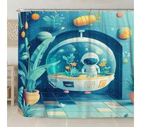 Tenda da doccia astronauta con pianeta blu cosmico, set da bagno moderno e vivace per bambini, tessuto impermeabile con ganci, 274 x 183 cm