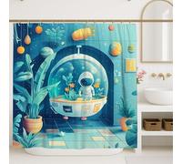 Tenda da doccia astronauta con pianeta blu cosmico, set da bagno moderno e vivace per bambini, tessuto impermeabile con ganci, 183 x 183 cm