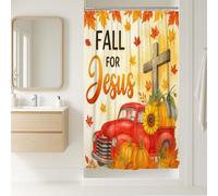 Tenda da doccia autunnale, camion vintage rosso con zucche e girasoli, decorazione autunnale per bagno, stile rustico rustico, tenda in tessuto impermeabile 91 x 183 cm