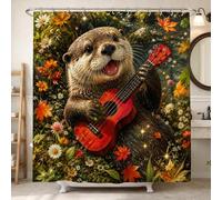 Tenda da doccia autunnale con lontra che suona la chitarra, 183 x 213 cm | Fantasioso tema foresta, motivo chitarra acustica rossa, accenti di fogliame autunnale, design artistico ispirato alla natura