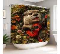 Tenda da doccia autunnale con lontra che suona la chitarra, 274 x 183 cm | Fantasioso tema foresta, motivo chitarra acustica rossa, accenti di fogliame autunnale, design artistico ispirato alla natura