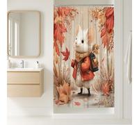 Tenda da doccia autunnale con topolino bianco con foglie autunnali, decorazione per il bagno, stile bosco stagionale, tenda da doccia in tessuto impermeabile per bambini e adulti, 91 x 183 cm