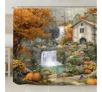 Tenda da doccia autunnale, design rustico con cascata di montagna arancione e verde, decorazione per il bagno della stagione del raccolto, accogliente stile vintage, tessuto impermeabile con ganci