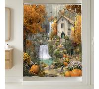 Tenda da doccia autunnale, design rustico con cascata di montagna arancione e verde, decorazione per il bagno della stagione del raccolto, accogliente stile vintage, tessuto impermeabile con ganci