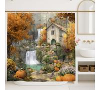 Tenda da doccia autunnale, design rustico con cascata di montagna arancione e verde, decorazione per il bagno della stagione del raccolto, accogliente stile vintage, tessuto impermeabile con ganci