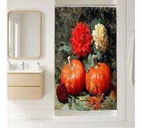Tenda da doccia autunnale floreale, vivace decorazione da bagno con dalia, rosso e arancione, decorazione per il bagno, tenda da doccia rustica moderna in tessuto impermeabile con ganci, 91 x 183 cm