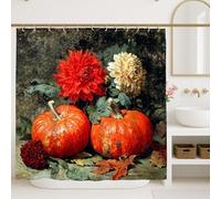 Tenda da doccia autunnale floreale, vivace decorazione da bagno con dalia, rosso e arancione, decorazione per il bagno, tenda da doccia in tessuto rustico moderno impermeabile con ganci, 152 x 183 cm