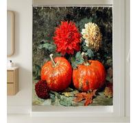 Tenda da doccia autunnale floreale, vivace decorazione per il bagno, decorazione da bagno con dalia, colore rosso e arancione, moderna, rustica, impermeabile, in tessuto con ganci, 137 x 198 cm