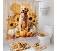 Tenda da doccia autunnale Golden Retriever, decorazione da bagno con girasole e zucca ad acquerello, per autunno stagionale, tessuto impermeabile rustico, con ganci, 183 x 183 cm
