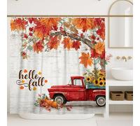 Tenda da doccia autunnale, motivo camion rosso acquerello e foglie autunnali, decorazione per il bagno, stagione del raccolto, rustica, tenda da doccia in tessuto impermeabile con ganci, 152 x 183 cm