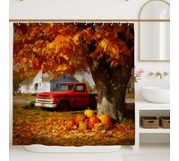 Tenda da doccia autunnale, pick-up rosso rustico con zucche arancioni, decorazione per il bagno autunnale stagionale, stile raccolto, tenda impermeabile in tessuto 183 x 213 cm