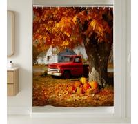 Tenda da doccia autunnale, pick-up rosso rustico con zucche arancioni, decorazione per il bagno autunnale stagionale, stile raccolto, tenda impermeabile in tessuto 182 x 248 cm