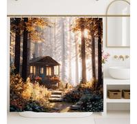 Tenda da doccia autunnale, rustica Woodsy Cottage, decorazione per il bagno, scena autunnale della foresta di zucche, ispirata alla natura, moderna, in tessuto impermeabile, con ganci, 183 x 213 cm
