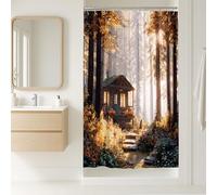 Tenda da doccia autunnale, rustica Woodsy Cottage, decorazione per il bagno, scena autunnale della foresta di zucche, ispirata alla natura, moderna, in tessuto impermeabile, con ganci, 91 x 183 cm