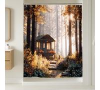 Tenda da doccia autunnale, rustica Woodsy Cottage, decorazione per il bagno, scena autunnale della foresta di zucche, ispirata alla natura, moderna, in tessuto impermeabile, con ganci, 182 x 240 cm