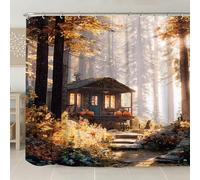 Tenda da doccia autunnale, rustica Woodsy Cottage, decorazione per il bagno, scena autunnale della foresta di zucche, ispirata alla natura, moderna, in tessuto impermeabile, con ganci, 274 x 183 cm