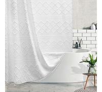 Tenda da doccia bohémien in tessuto bianco intrecciato, con nappe, 137 x 198 cm, extra lunga, stile rustico minimalista, trapuntata, a zigzag e righe, shabby chic, impermeabile e moderna, per hotel